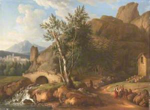 A Mountainous River Landscape with a Traveller on a Bridge and a Beggar Receiving Alms
