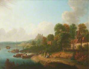 River Scene with Boatmen and Barges