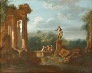 A Capriccio of Ruins with Soldiers Conversing beneath a Classical Statue