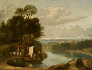 Three Boys in a Sailing Boat on a Lake with Durham (?) in the Distance 
