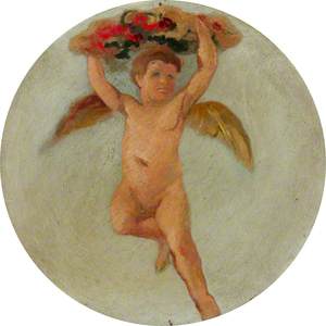 Ceiling Roundel: Putto Flying and Holding Up Flowers above His Head