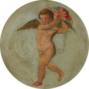 Ceiling Roundel: Putto Flying and Holding Up Flowers