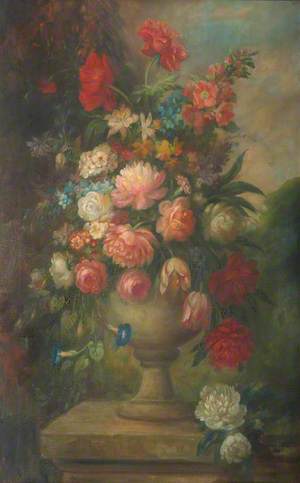 Floral Still Life in an Urn, on a Plinth, in a Garden