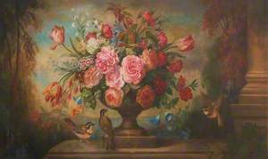 Floral Still Life in an Urn, in a Landscape, with Birds