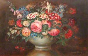 English Summer Flowers in a Stone Vase on a Table