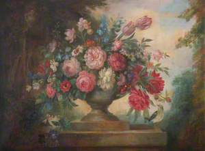 Floral Still Life in an Urn, on a Plinth, with Birds