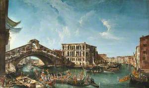 View of the Rialto Bridge and the Palazzo dei Camerlenghi, with the Festive Entry of the Patriarch Antonio Correr in 1737