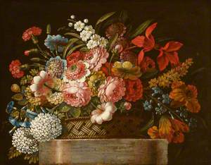 Still Life of Flowers in a Basket on a Plinth