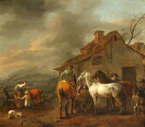 A Group of Figures and Horses with a Cottage in the Background