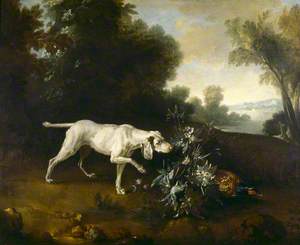 A Dog Pointing a Pheasant in a Landscape