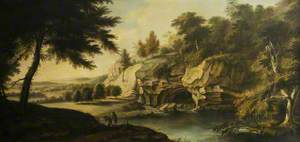 A River Scene with Rocky Banks and a Waterfall