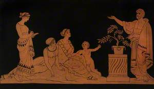 Set of Allegorical Painted Panels: Classical Scene with Three Women, a Child and a Man Speaking