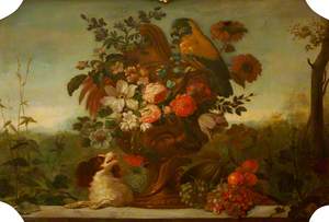 Overdoor with a Spaniel, Parrot, Flowers and Fruit