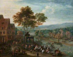 An Extensive River Landscape with Travelling Theatrical Troupe