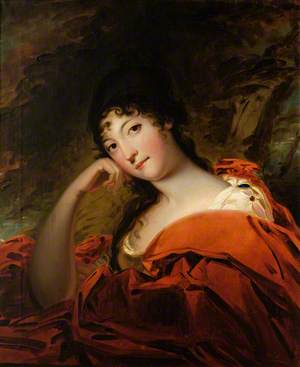 Portrait of a Woman in a White Dress with a Red Gown