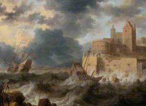 A Vessel Wrecked beneath a Fort in a Storm