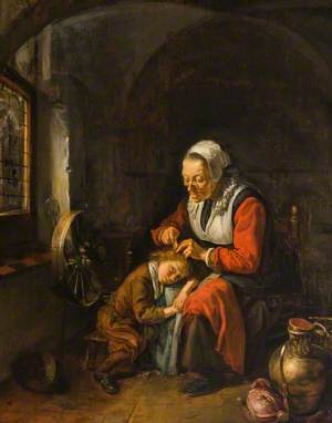 Old Lady Combing a Child's Hair in an Interior
