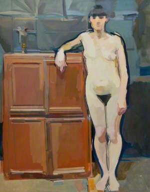 Portrait of Mimi with a Brown Cupboard against Black