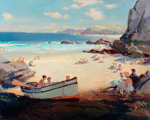 Seaside Scene with Rowing Boat in Foreground, possibly Cornwall