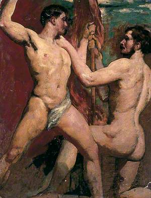 Two Male Nudes, One Kneeling with Staff