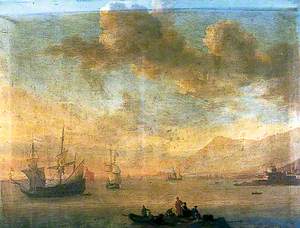 Coast Scene with Boats Being Unloaded