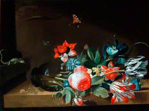 A Still Life of an Overturned Glass Vase with Flowers and Flying Insects