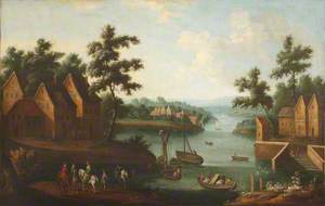 An Extensive River Landscape with Boats and Elegant Figures