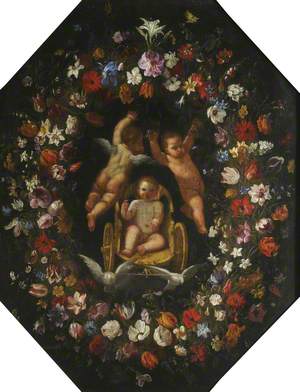 Cupid in a Chariot, Surrounded by a Wreath of Flowers