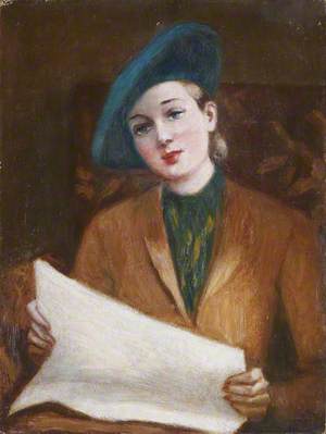 Portrait of a Lady in a Blue Hat Reading a Newspaper
