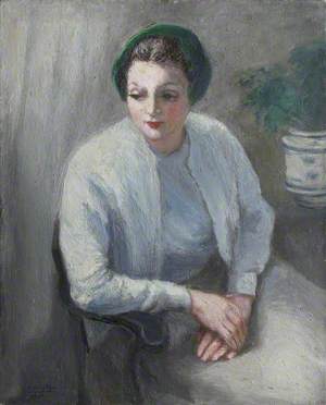 Portrait of a Lady in Grey Wearing a Green Hat