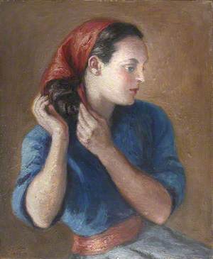 Portrait of a Lady in Blue Adjusting Her Headscarf