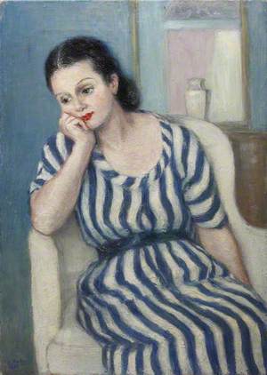 Seated Lady in a Blue and White Striped Dress