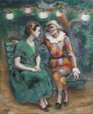 Two Seated Women, One Dressed as a Harlequin