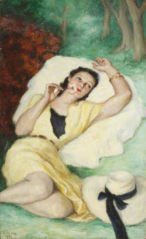 Portrait of a Lady Resting and Sniffing a Rose