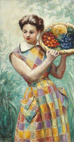 Portrait of a Lady in a Checked Dress Carrying a Basket of Fruit