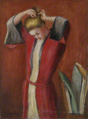 Lady in a Red and White Robe, Pinning up Her Hair