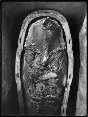 Tutankhamun's Coffin with Veil and Flowers