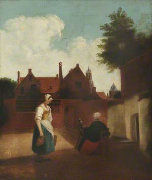A Courtyard in Delft at Evening: A Woman Spinning