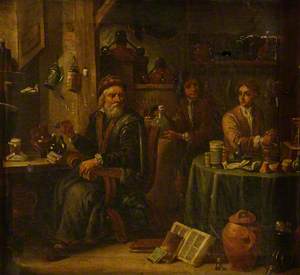 Chemist or Pharmacist in His Laboratory, with Assistants and Apparatus