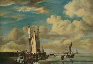 Dutch Vessels Close Inshore at Low Tide, and Men Bathing