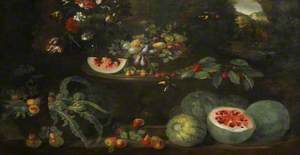 Still Life with Fruit and Flowers in a Landscape around a Sculptured Stone Table