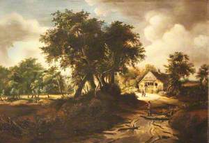 Wooded Landscape with Figures and Cottage