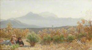 Two Figures Lying in Shrubby Moorland with Mountains in the Distance