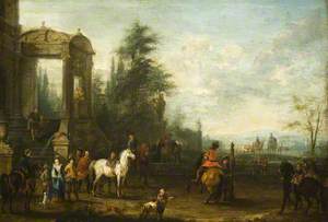 Figures and Horses before a Classical Building