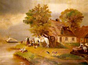 Rural Landscape Scene with a Cottage and Figures by a River