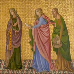 Reconstruction of Medieval Mural Painting, Woman with a Candle and Man and Woman with Doves