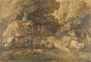 Wooded Landscape with Figures and Pigs outside Cottage and Country Cart