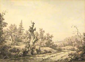 Wooded Landscape with Cottage, and Figure on Bank of a River