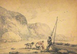 A Cove with a Dog and Two Men by a Beached Boat