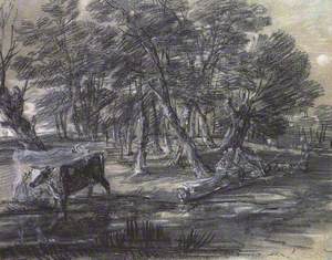 Wooded Landscape with Figures and Cattle at a Pool
